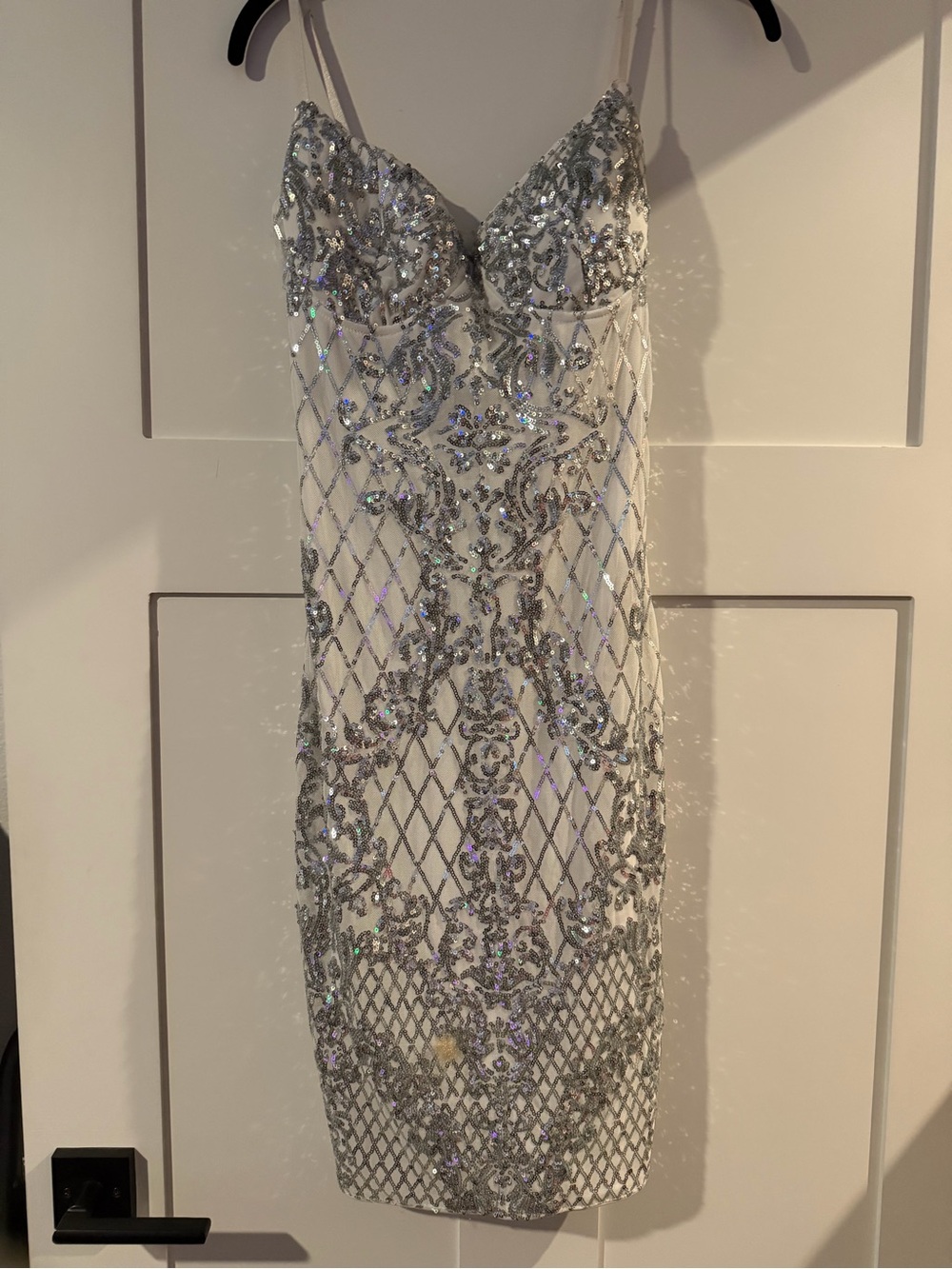 Embellished White & Silver Sequin Slip Dress